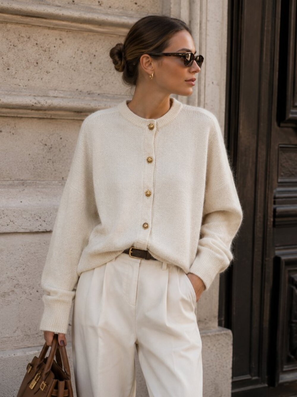 Ballantyne Scotland Wool Cardigan Women's M Cream Gold Button Vintage Knit Flaw